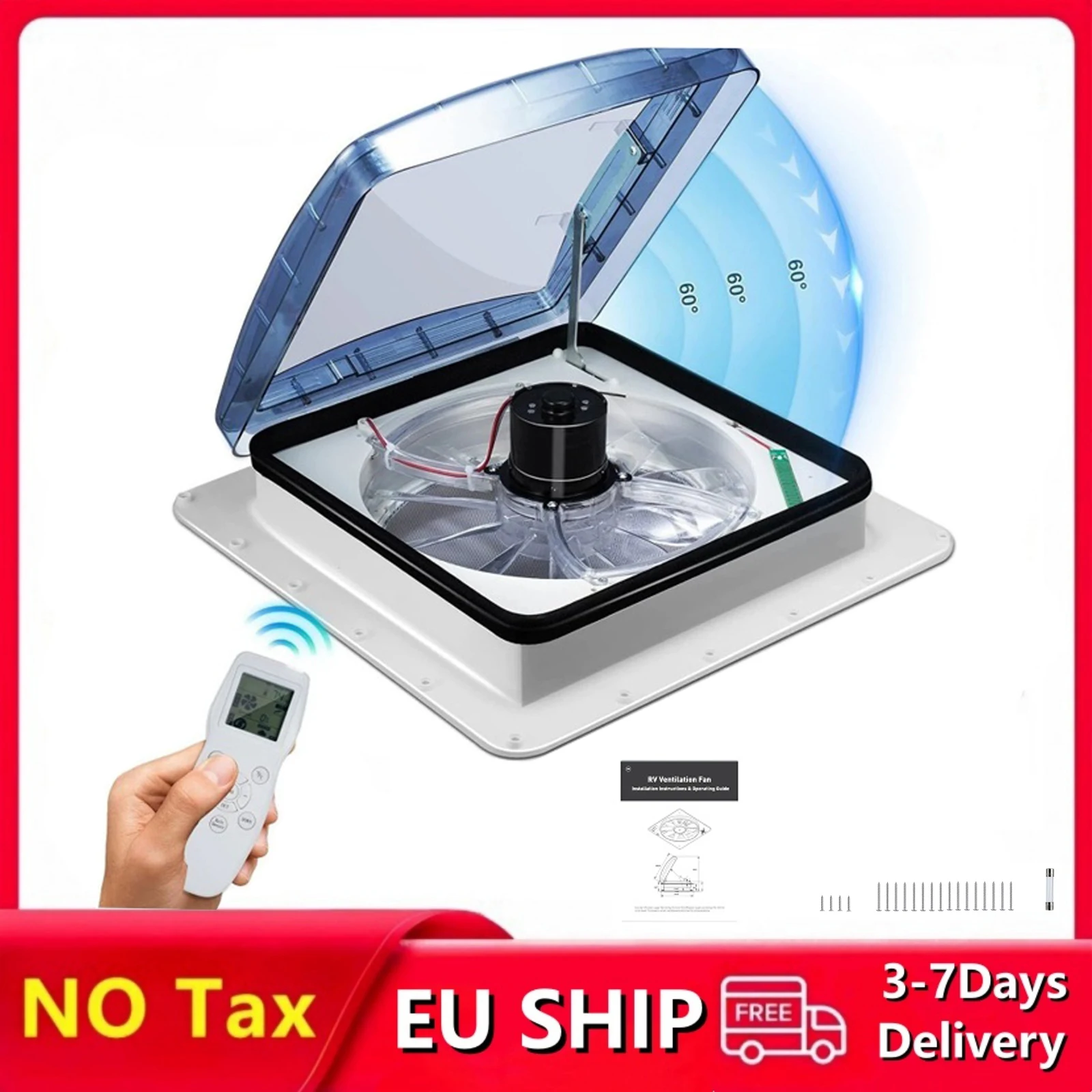 40*40 cm 10 vitesses 12 V RV ventilateur de ventilation de toit télécommande ventilateur d'échappement réversible avec capteur de pluie lucarne camping-car RV ventilateur de ventilation