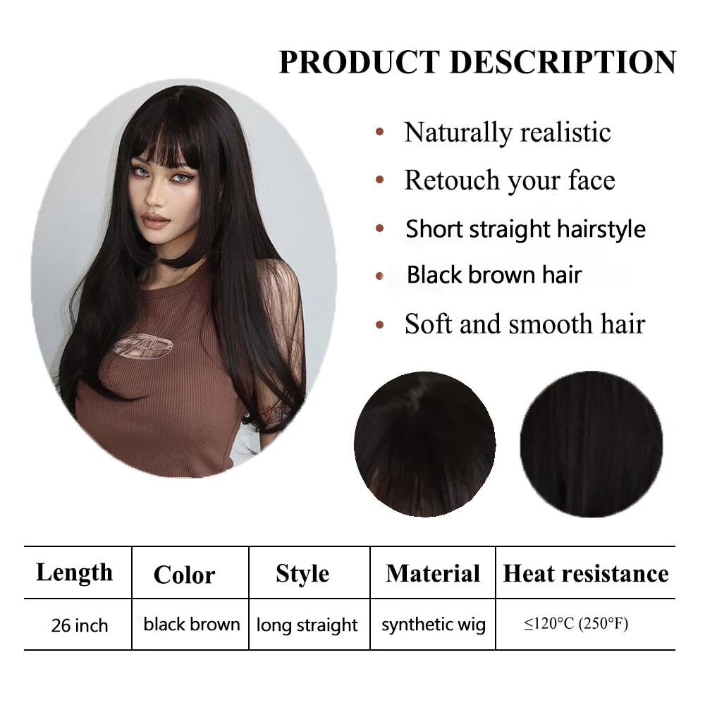 Long Black Brown Layered Wigs for Women Natural Straight Synthetic Wigs with Bangs Daily Silky Fake Hair High Temperature Fiber
