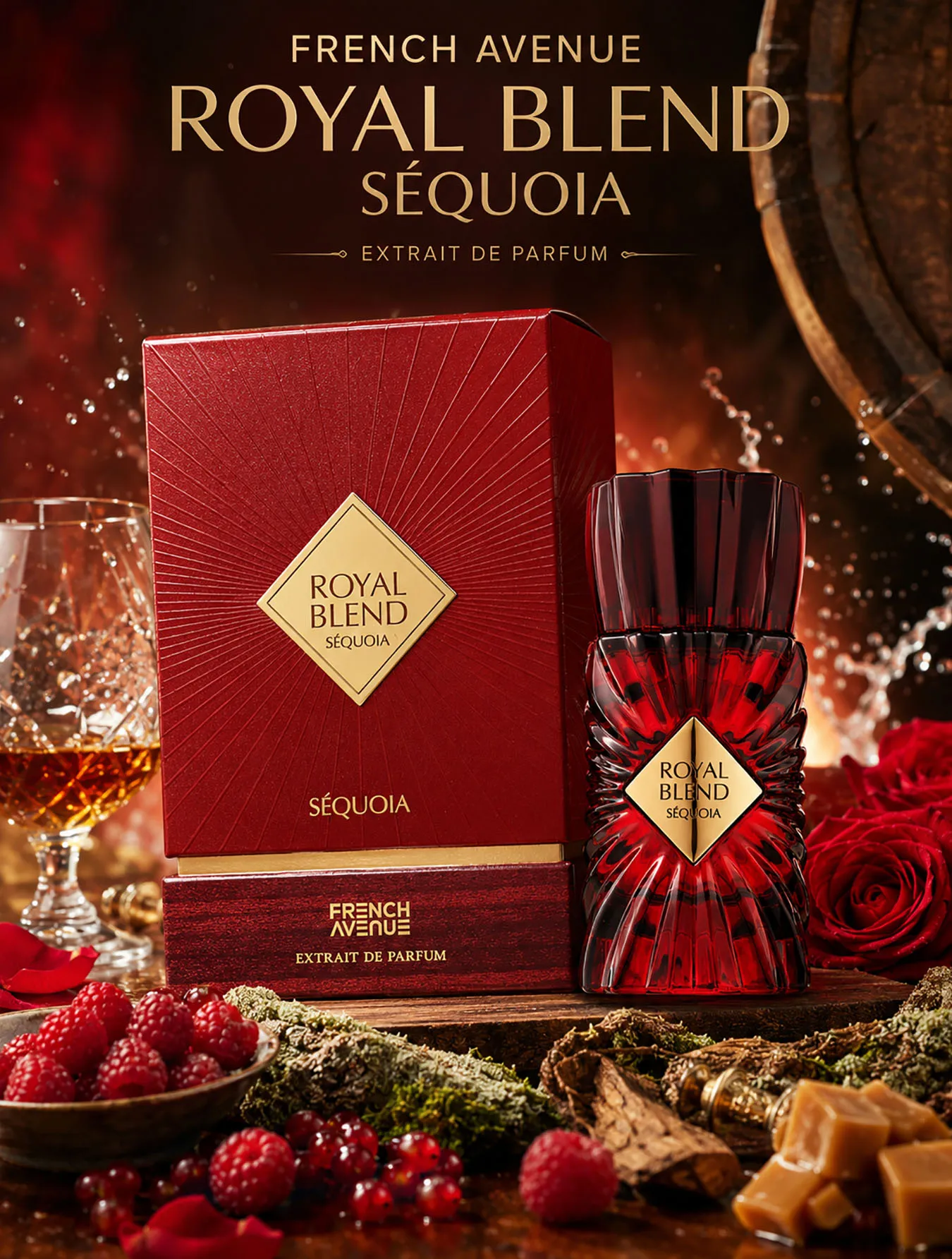 Perfume French Avenue Royal Blend Sequoia Extrait De Parfum 100ml Fragancia Arabe Original Gourmand Frutal Maderoso Frambuesa Cognac Larga Duracion Estela Poderosa Presentacion Premium Regalo De Lujo Originales