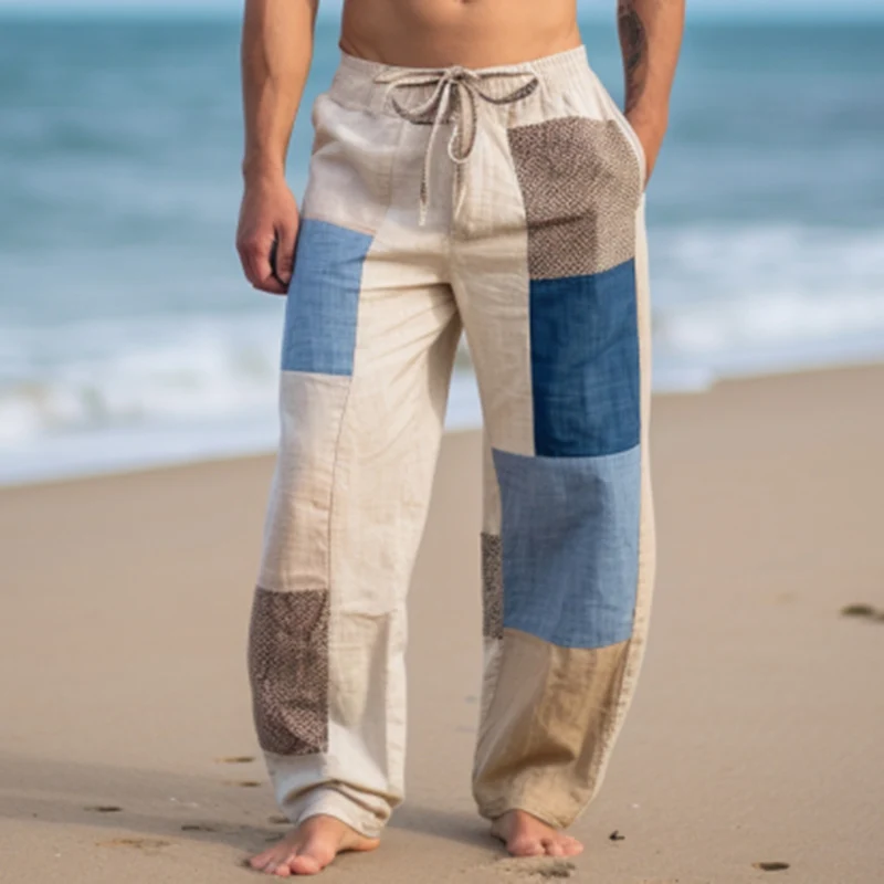 

Autumn Men's pants, Slim men's autumn new style, Loose color blocked linen pants, Fitness streetwear, Summer beach Entertainment