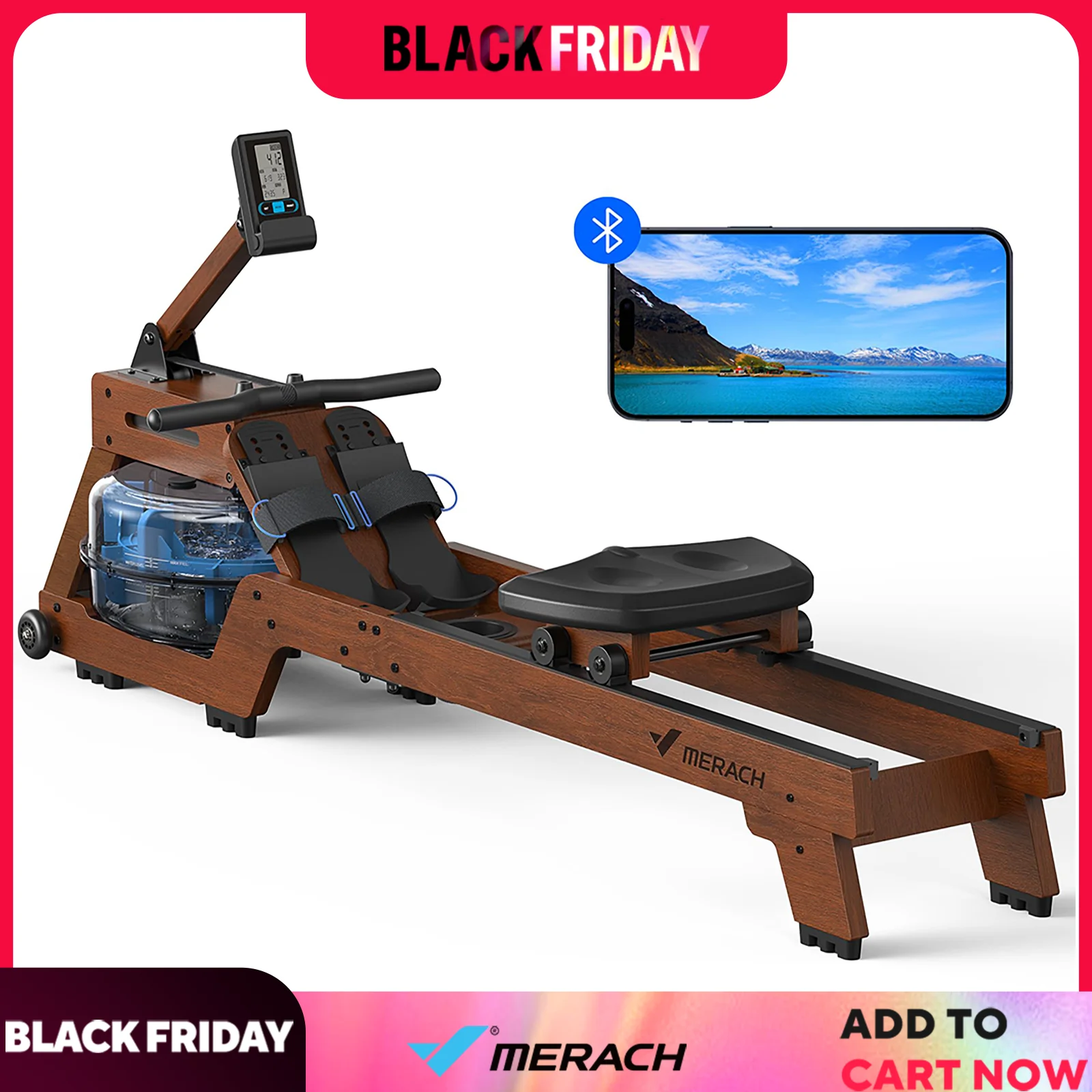 MERACH Water Rowing Machine Solid Wood Row with Professional Monitor Bluetooth-Connected APP for Rower New Upgraded Seat Cushion