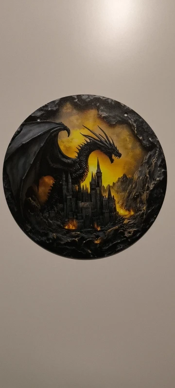 Décoration murale dragon ancestral en bois 2D  médaillon "Le Dragon du Château" – 20 cm