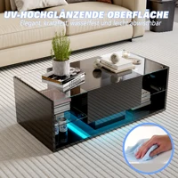 Table basse super brillante, table de salon avec LED et tiroirs, table de canapé noire moderne avec espace de rangement, table d'appoint avec 2 étagères en verre, pour salon 1