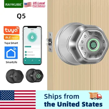 RAYKUBE Q5 USA. Free Delivery Tuya BLE Smart Fingerprint Door Lock Electronic Lock Round Knob with Password/Key/Tuya APP Unlock 1