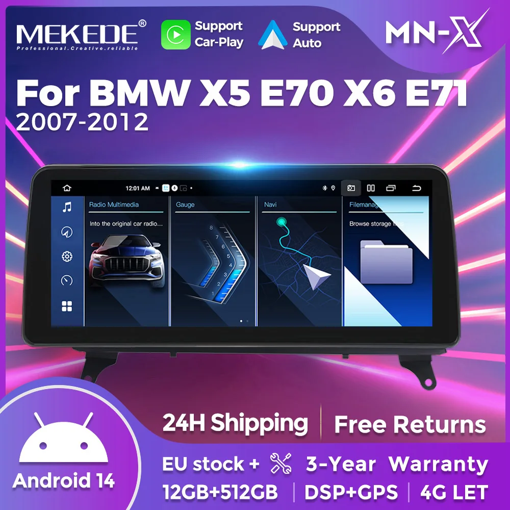 12,3-calowe radio samochodowe z bezprzewodowym CarPlay i Auto, o rozdzielczości 1920*720, do BMW X5 E70 X6 E71 2007-2014, 4G BT DSP Stereo Android 14, odtwarzacz multimedialny