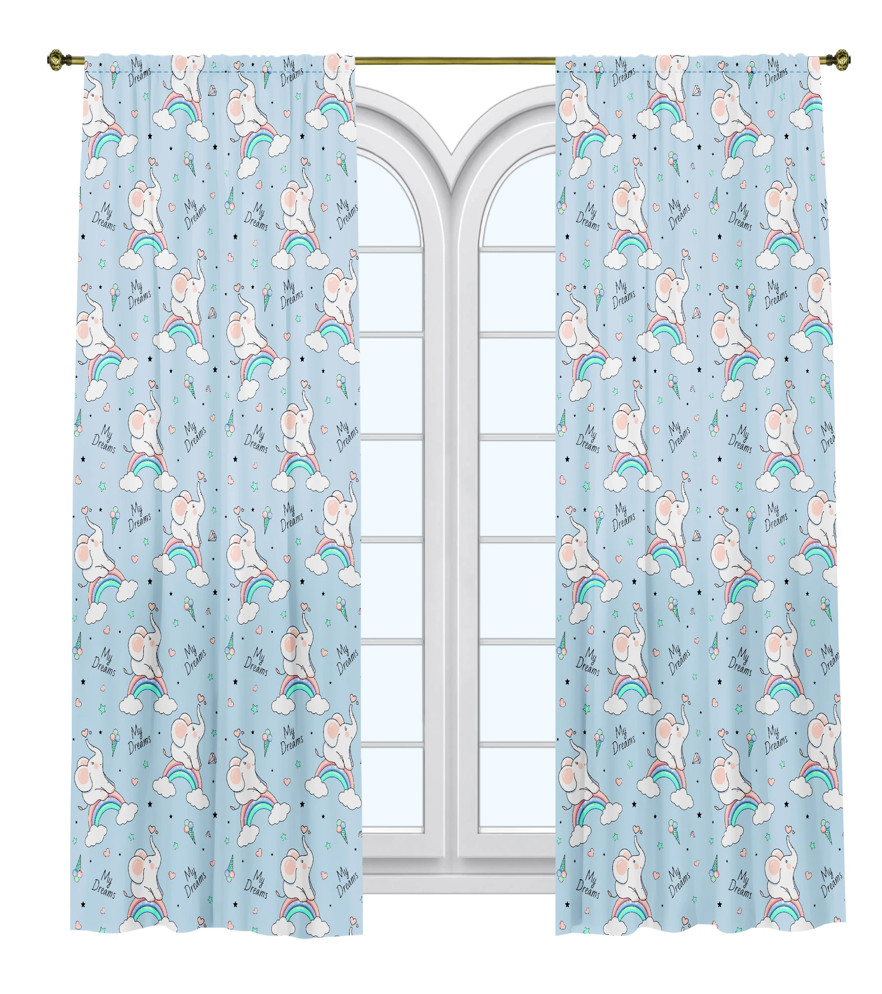 

Blue Fantasy Cartoon Printed Curtain / Bedroom Dining Room Living Room Covers Set of 2 Panels - Rainbow and Cute Elephants Decor