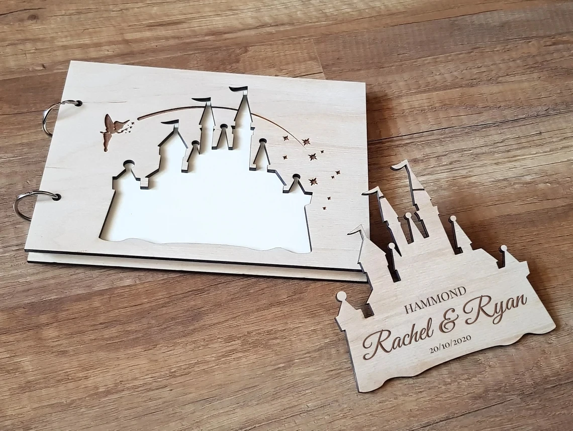 Palace Wedding Personalized Guest Book Engraved Wood Guest Book Rustic Wedding Castle Wood Fairytale