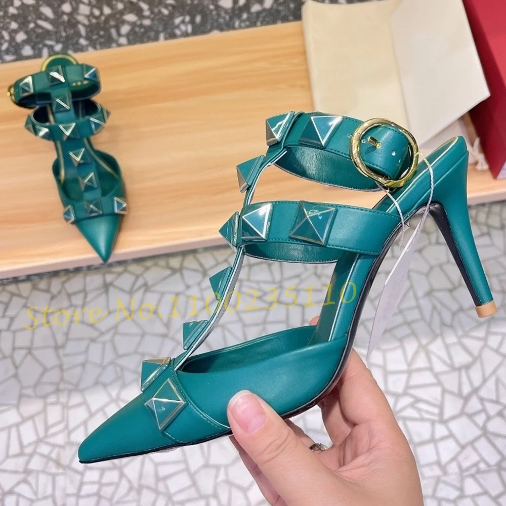 Nude Pointy Rivets Sandals With Heels Women Metal Buckle T-strap Luxury Brand Sandals Sexy Female Summer Trend Party Dress Shoes