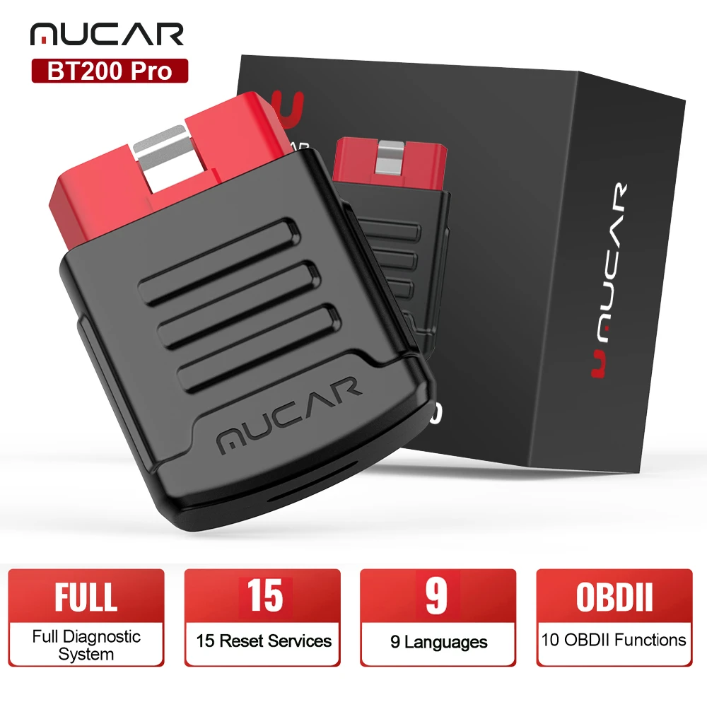 MUCAR BT200 PRO Professional Car OBD2 Scanner Full System Diagnostic Tool/Code Reader Lifetime Free Update 15 Resets Free 1 Year automotive battery charger