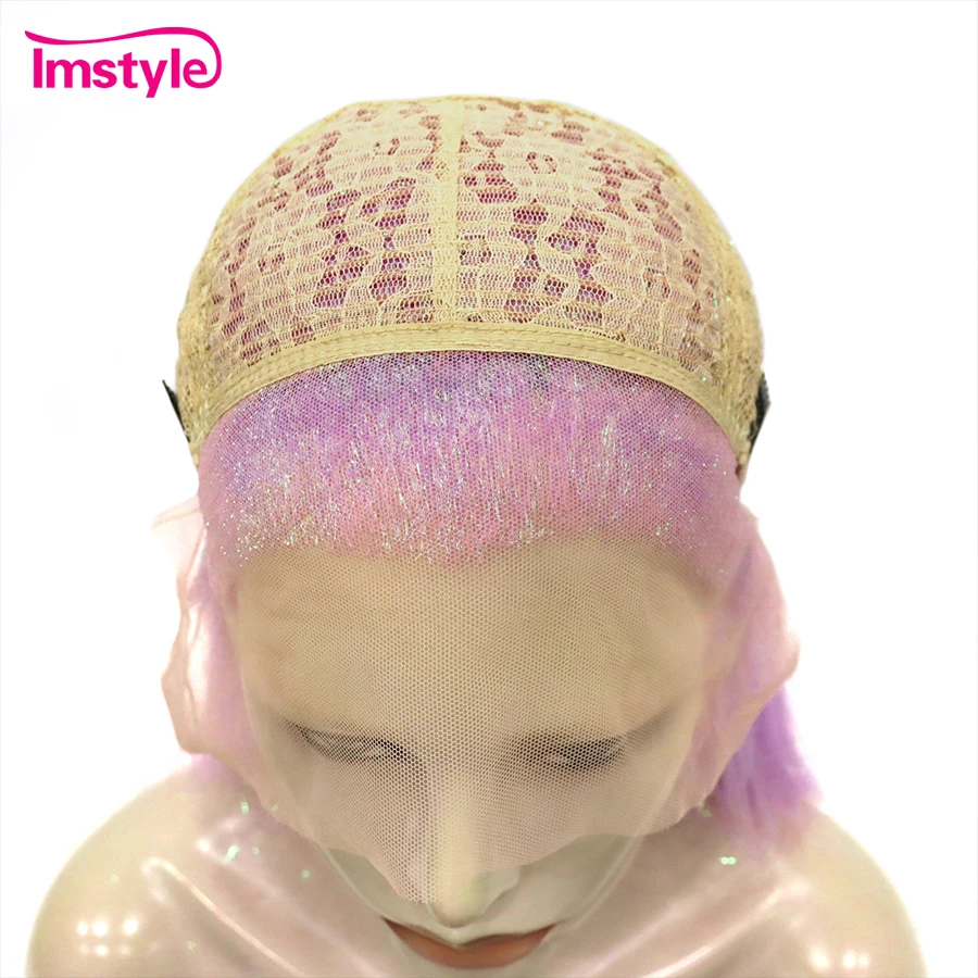 Imstyle Tinsel Lace Wig Pink Ombre Synthetic Lace Front Wig Long Straight Wigig Costume Party Wigs