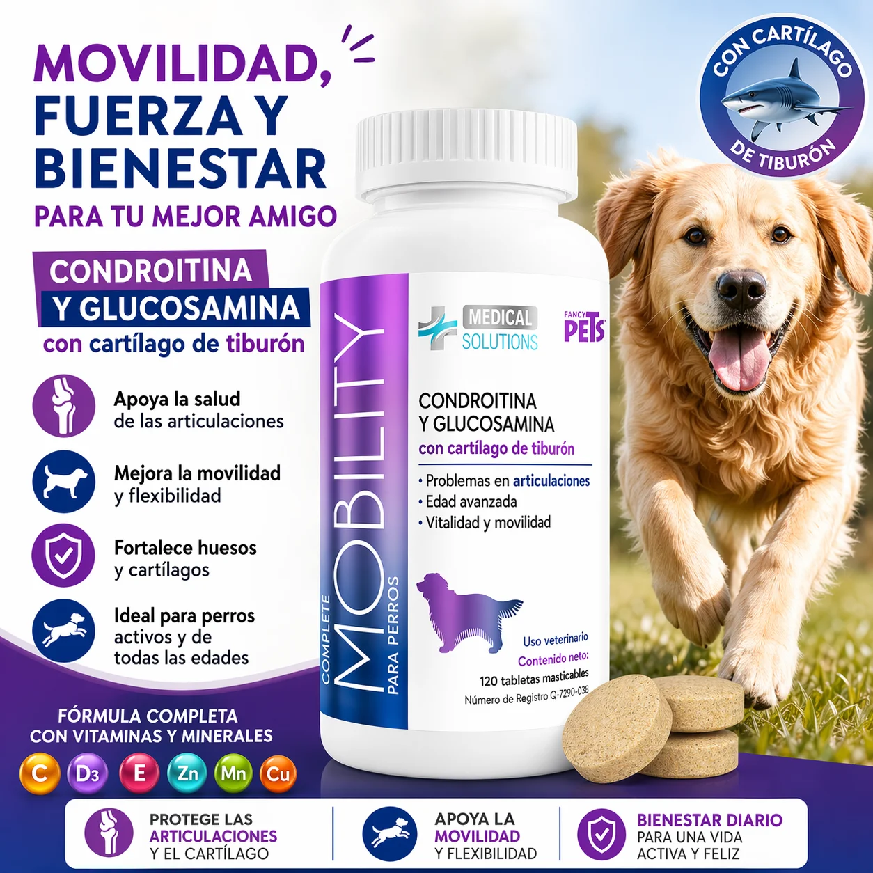 Fancy Pets. MS Complete Mobility para Perros, Suplemento, para Articulaciones 120 Tabletas