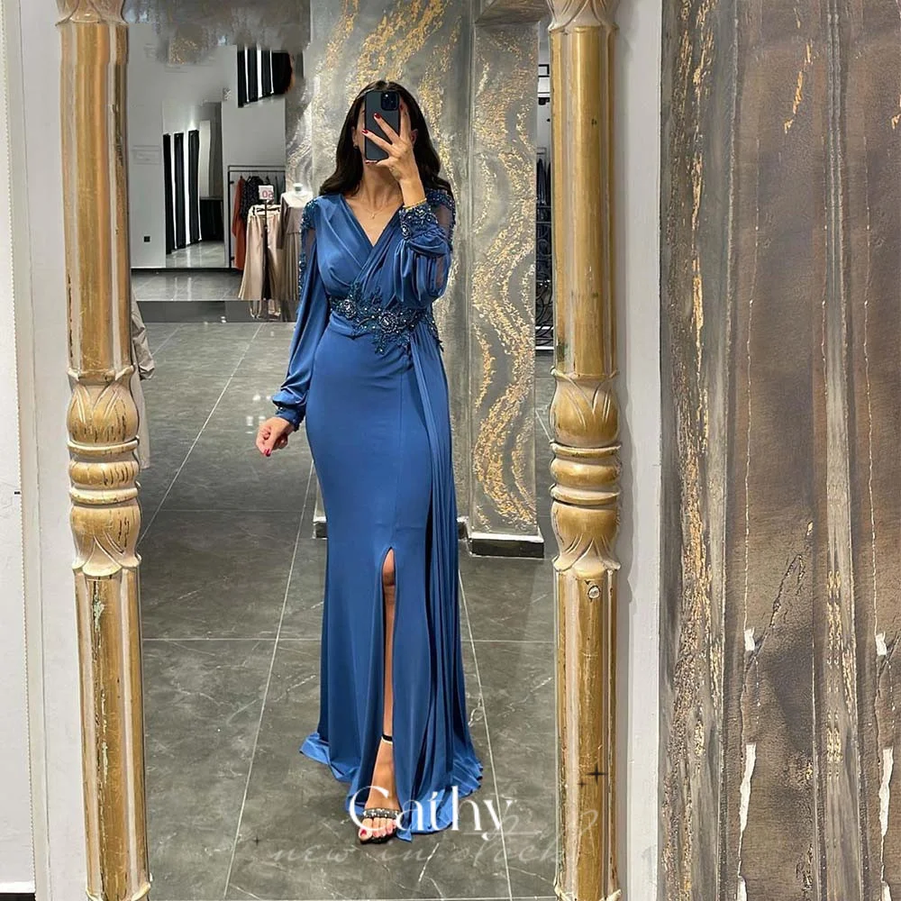 

Cathy Sexy Mermaid Prom Dress Silk Chiffon Evening Dress With Puffy Sleeve فستان سهرة Blue Arabic Women Formal Prom Dress