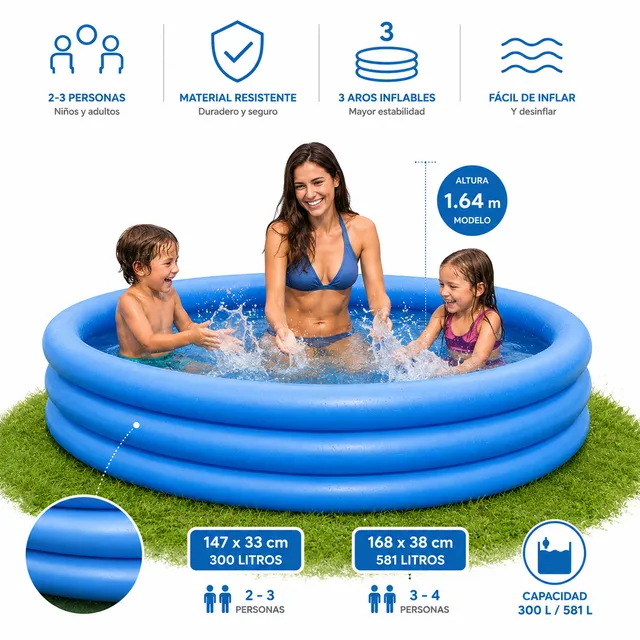 Piscine gonflable familiale Intex bleue à 3 anneaux |     1,47 m ou 1,68 m |     Chambre à air triple avec double soupape de sécurité |     Piscine pour enfants et familles pour jardin, patio, terrasse et été |     Patch de réparation inclus 1