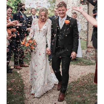 abiti sposa Scollatura a maniche lunghe in pizzo con scollo a V Boho Beach Abito da sposa per le donne 2025 Abito da sposa robe mariee boheme Personalizzato
