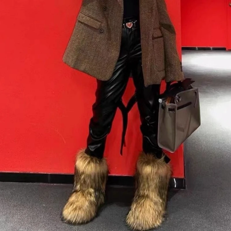 Women's Winter Fluffy Faux Fox Fur Boots Woman Plush Warm Snow Boots Luxury Footwear Girls' Furry Fur Bottes Fashion Winter Shoe