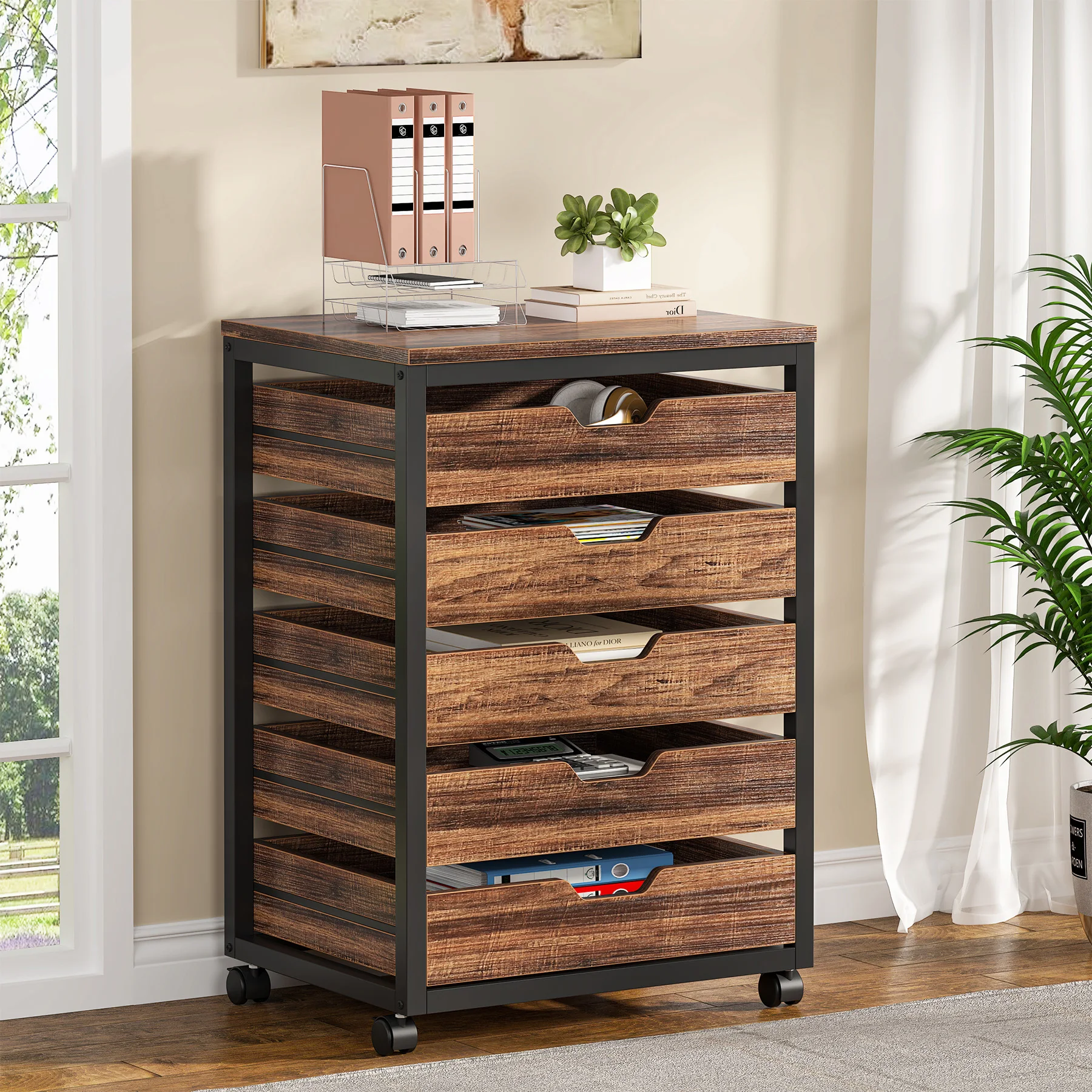 Tribesigns 5-Drawer File Cabinet, Wood Mobile Storage Drawer Unit, Industrial Office Cabinet with Drawers & Wheels