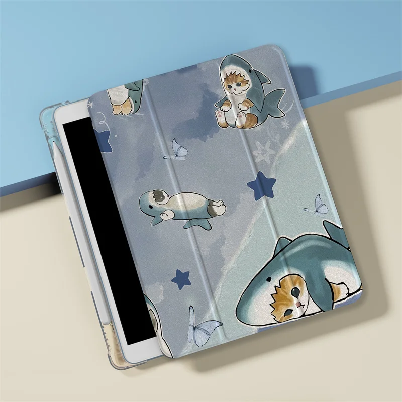 Adorable Cat Shark-Themed Tablet Case with Sleep/Wake Function