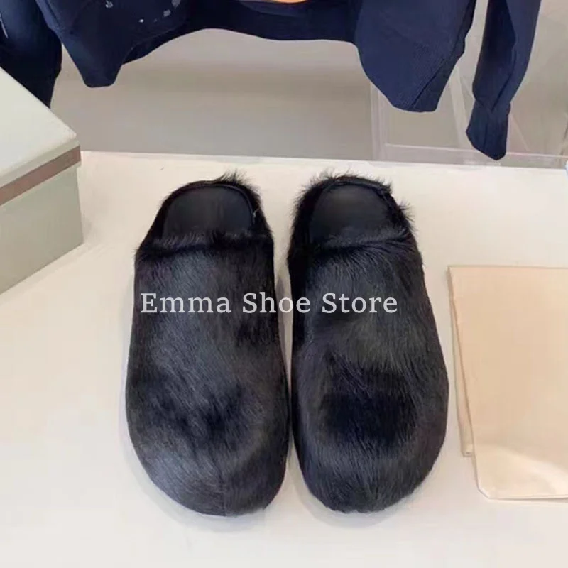 Roman Platform Thick Soled Round Toe Genuine Leather Slippers for Women Horse Hair Half Slippers Casual Flat Shoes Outer Wear 5