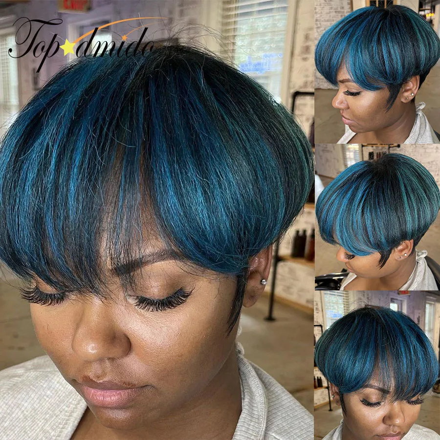 Topodmido Highlight Blue Color Shor Hair Wig for Women Short Cut Hair Wigs Glueless Brazilian Hair Transparent Lace Wigs