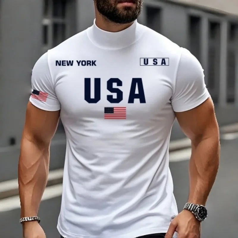 Herren USA Amerikanische Flagge Print Mock Neck T-Shirt New York Schriftzug Slim Fit Kurzarm Weich Dehnbar Atmungsaktiv Patriotisch Sportlich G