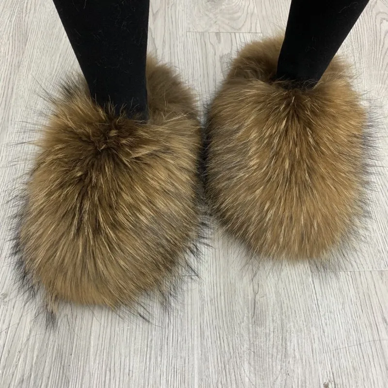 

Raccoon Fur Slippers New Designer Real Tan Fur Women Slides Slippers For Season With Customized Color