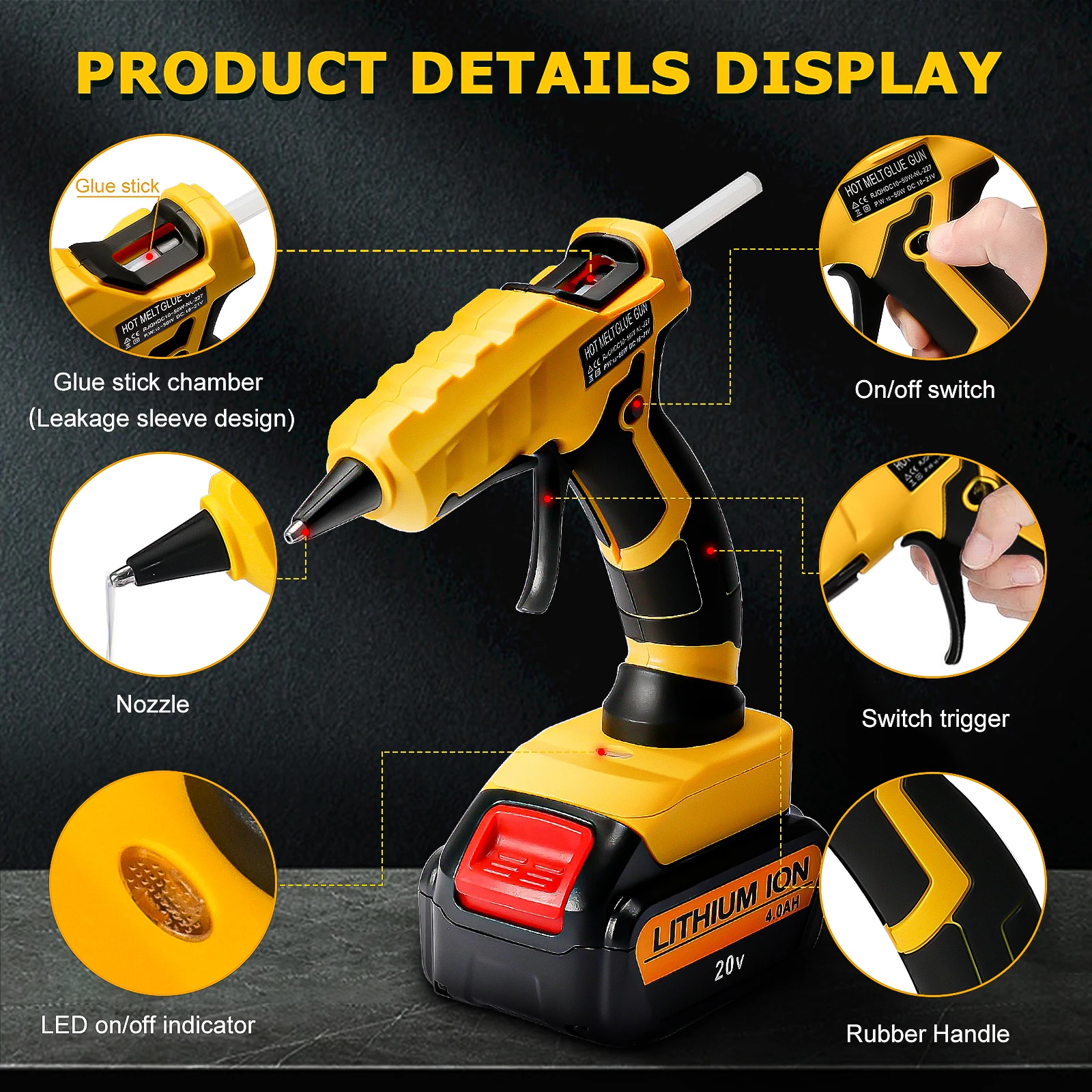 50W Cordless Hot Glue Gun for Dewalt 20V Battery with 30pcs 7mm Sticks 30s Quick