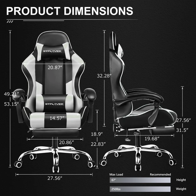 10050-a028f2.jpg GTPLAYER Gaming Chair with Footrest, Lumbar Support, Adjustable Height, Swivel Seat, Headrest for Office or Gaming