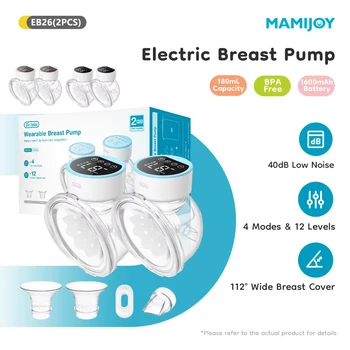MAMIJOY 2PCS Wearable Electric Breast Pumps – Low Noise 40dB, 4 Modes & 12 Levels, Hands-Free Portable Pump with 19/24mm Flange 1