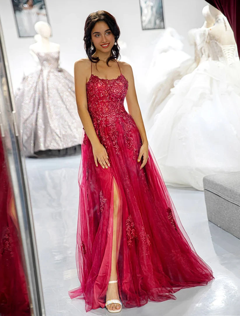 

Sequins A-Line Floor-Length Lace Tulle Prom Dresses Elengant Open Back High Slit Evening Gowns Bridesmaid Dress for Women