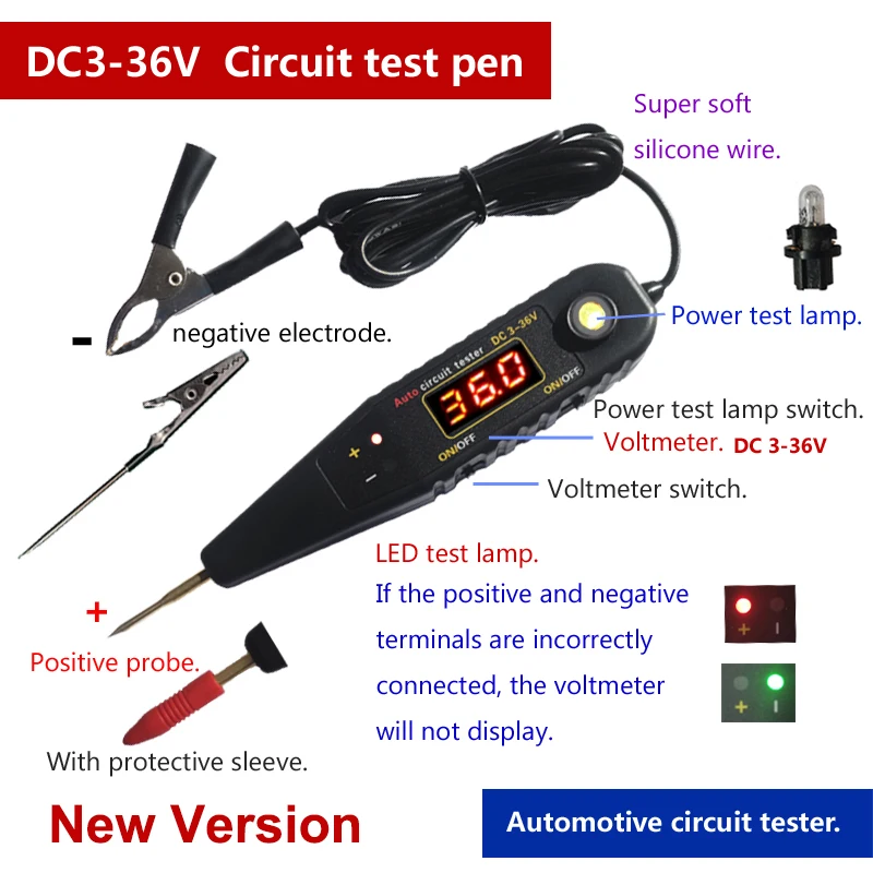 Original Auto Circuit Tester DC3 36V Vehicle Pulse Sensor Signal LED
