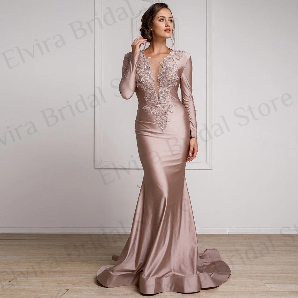 

Gorgeous Mermaid Mother of the Bride Dresses Rosy Satin Deep V-Neck Applique Sequins Beads Sweep Train Long Sleeve Backless