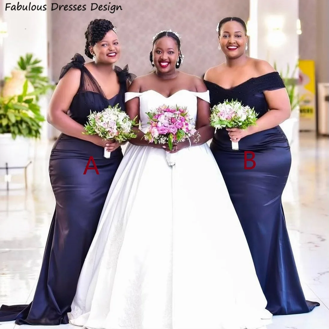 

Plus Size Navy Blue Bridesmaid Dresses Formal Long Mermaid Off Shoulder V-neck Pearls Wedding Party Dress Maid Of Honor