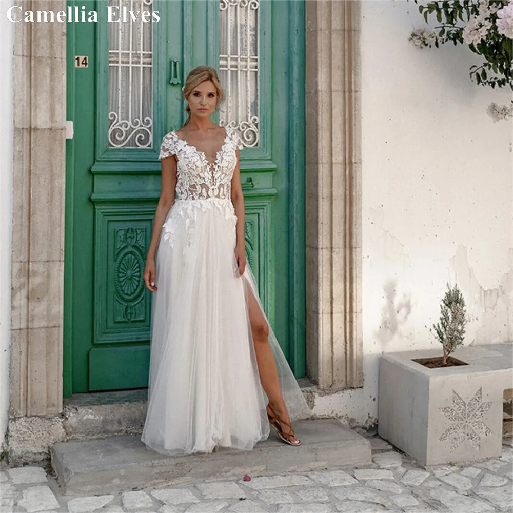 

Sexy Side Slit A Line Wedding Dresses For Women 2022 Sweetheart Bride Dress Lace Appliques Backless Bridal Gown Vestido De Noiva