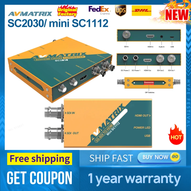 Avmatrix mini SC1112 SC2030 SDI to HDMI-compatible Signal Converter, 3G-SDI HDMI-compatible Scaling Cross Converter Hot Selling