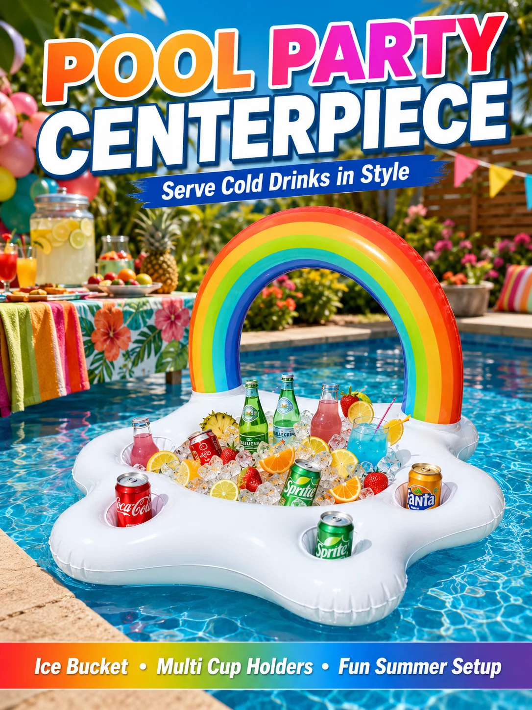 Inflatable Rainbow Drink Cooler Float with Ice Bucket & Cup Holders – Perfect Pool Party Beverage Bar