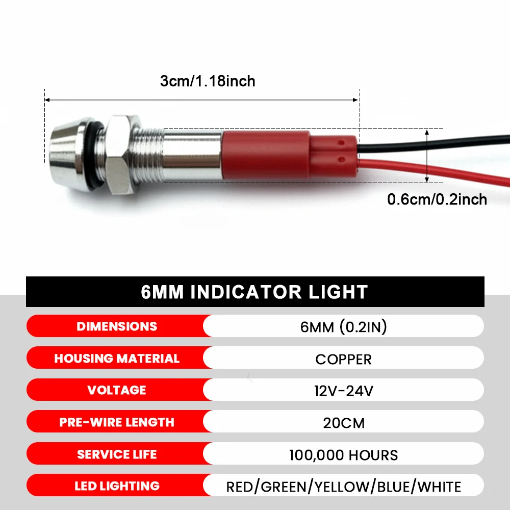 FILN 5/25PCS 6mm IP67 방수 파일럿 라이트 금속 LED 경고 표시등 12-24V 자동차 보트 대시보드 전원 신호등