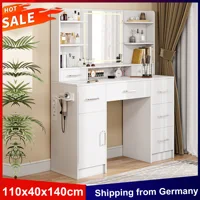 Anajqaqia 110x40x140 см Туалетный столик со светодиодным зеркалом и розетками, 7 ящиками, 7 открытых полок, подставка для фена, косметический столик, белый