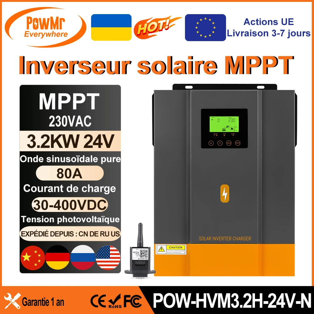 Onduleur Solaire Hybride 3,2kW Pur Sinus, MPPT, WiFi, Chargeur Batterie 80A, Neuf