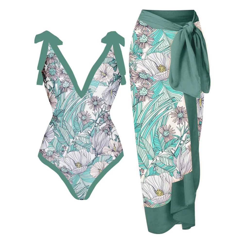 

Printed Lace-Up One Piece Swimsuit Skirt & Cover Up Holiday Beach Dress Designer Bathing Suit Summer Surf Wear