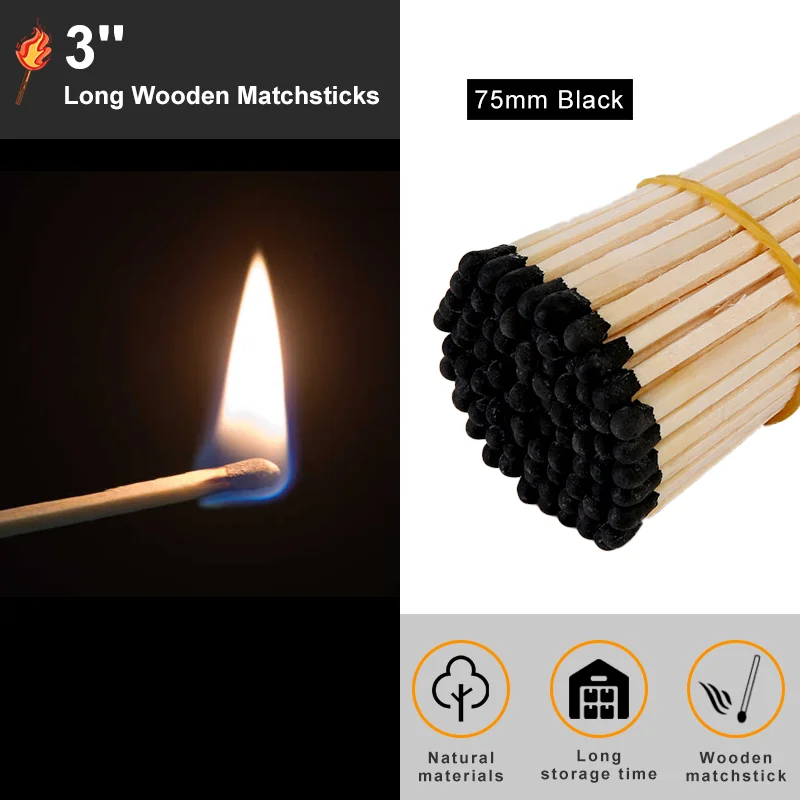 100PCS 3" Black Safety Matches with Striker, Long Wooden Matches for Candles, Fireplace, Camping, BBQ (, Bulk Pack)