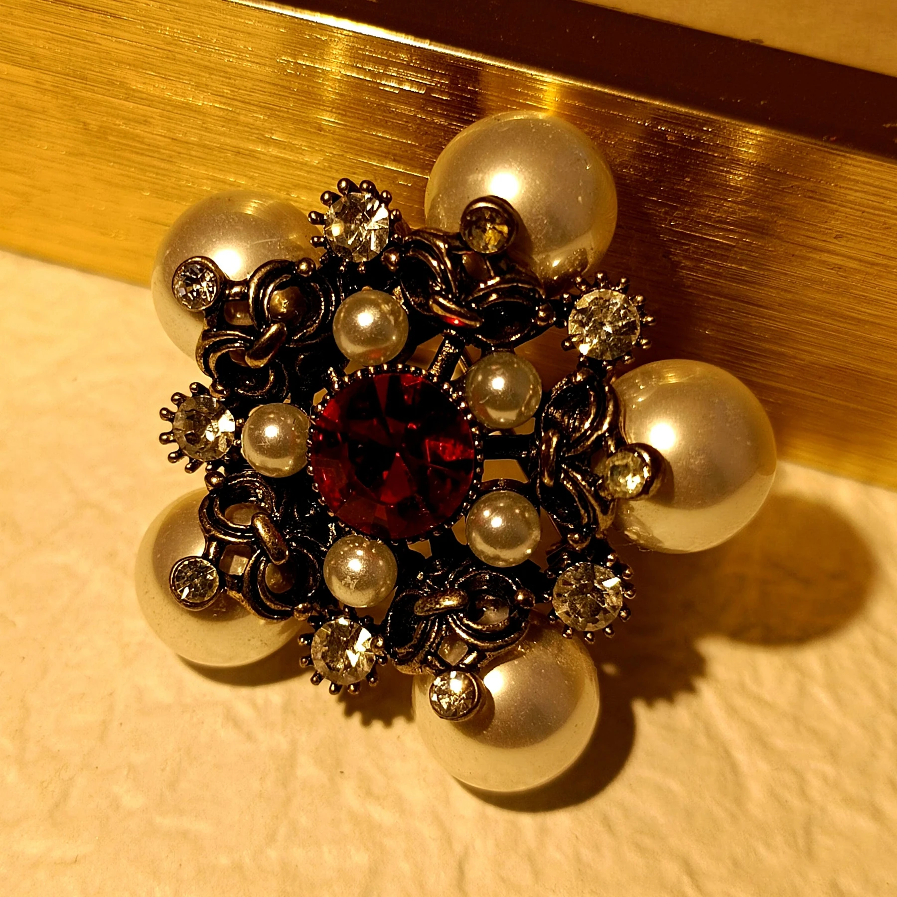 Retro Vintage Pearl and Red Star Brooch Pin Antique Collection Jewelry