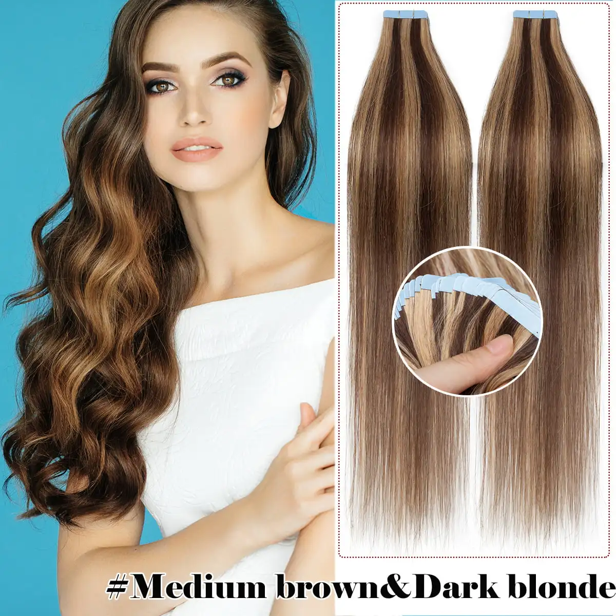 Tape in Hair Extensions Human Hair Weft Balayage Dark Brown to Bleach Blonde Highlighted Straight Real Extensions