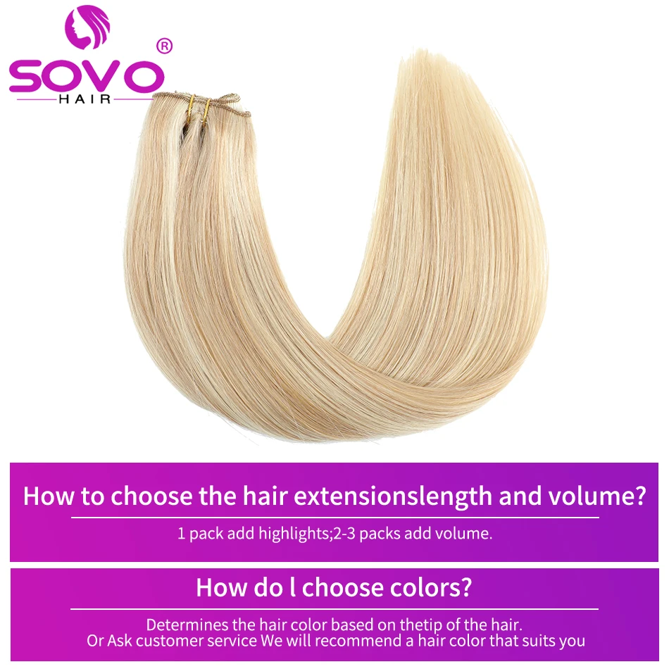 SOVO Clip In Hair Extensions Human Hair 3 Pieces Bone Straight Clip Ins Hair Extension 60-90G Real Natural European Hair 12-26