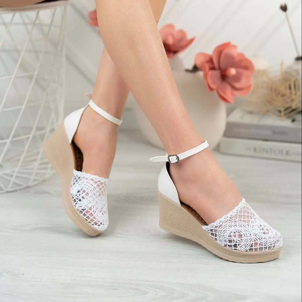Women Wedge Heel Braided Mink Heels Shoes 2022 New Season Stylish Design Summer PU Comfortable High Sole