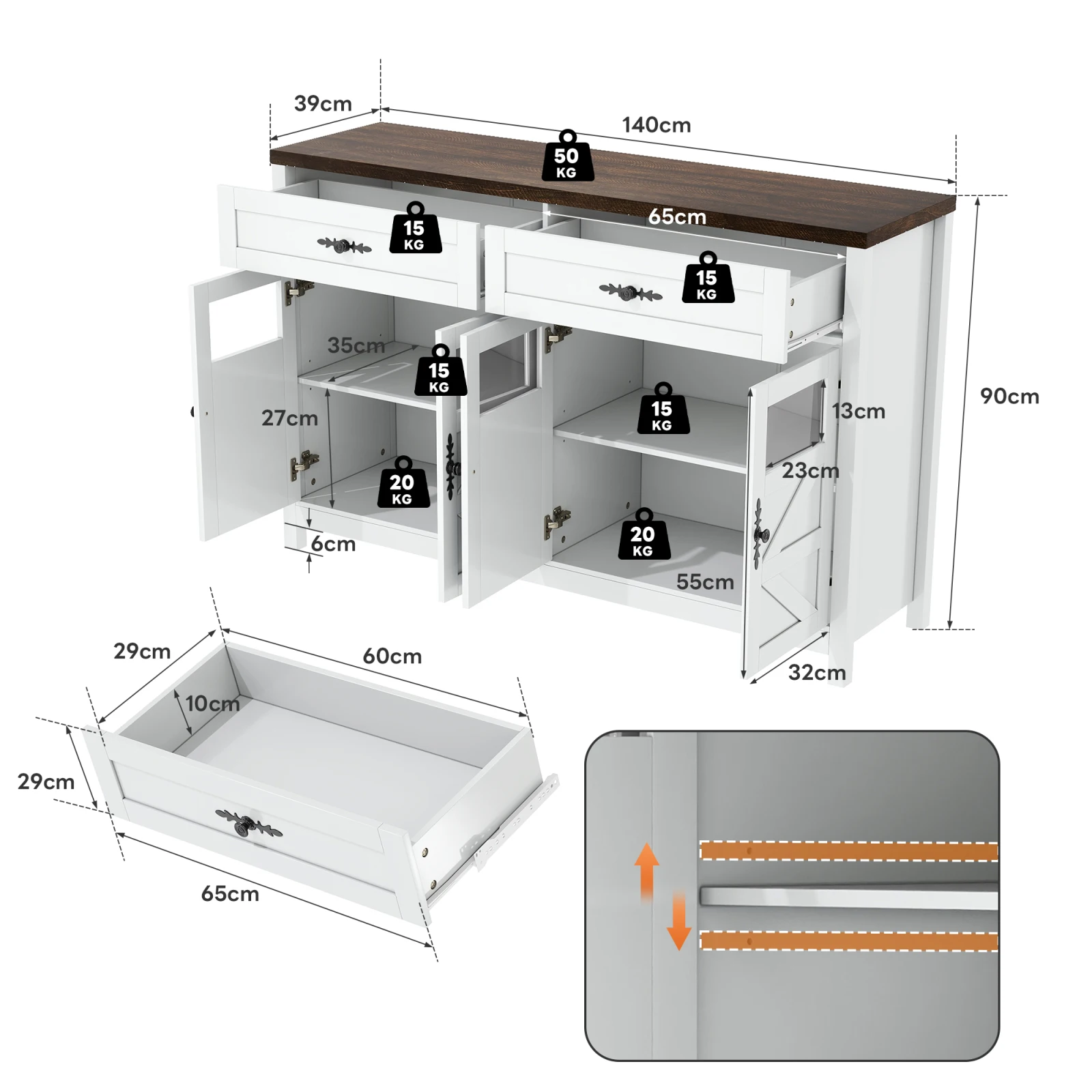 Rosahqnda Buffet Sideboard 140cm mit Stauraum,Kaffeebar mit 2 / 3 Schubladen,Landhaus-Konsole mit Türen,Schränke mit Regalen – Detail 28