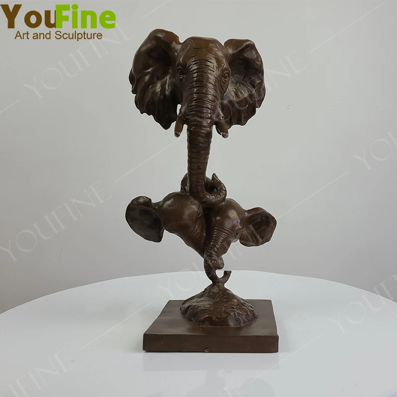 

Elephant Family Abstract Bronze Statue Elephant Head Bust with Baby Bronze Sculpture Vintage Art Crafts Home Decor Ornaments