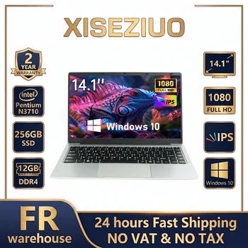 14.1 Inch Laptop Intel Pentium N3710 12GB RAM 256GB SSD Windows 10 Notebook Computer FHD IPS Display WiFi Bluetooth Long Battery Life Portable PC for Students Business Office Work Online Learning with Multi Language Keyboard Stickers EU Plug 5000mAh