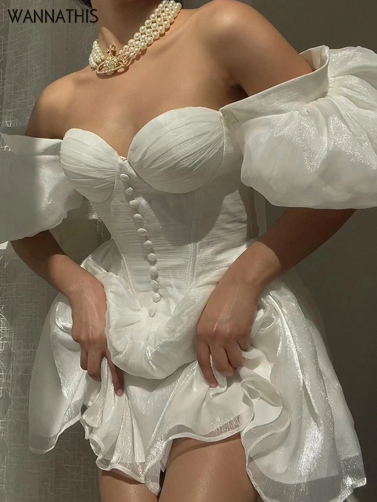 WannaThis Mesh Corset Mini A Line Dresses Skims White Off Shoulder Summer Sexy Folds Puff Sleeve Women Elegant Evening Vestidos