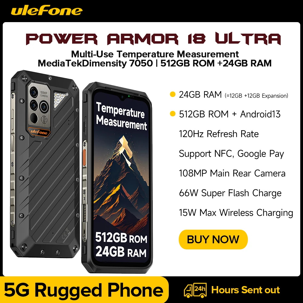 Ulefone Power Armor 18 Ultra 5G Smartphone 512Gb Rom + 24Gb Ram Android 13 Rugged Phone 108Mp ,9600 Mah 66W Nfc 120Hz 6.58"