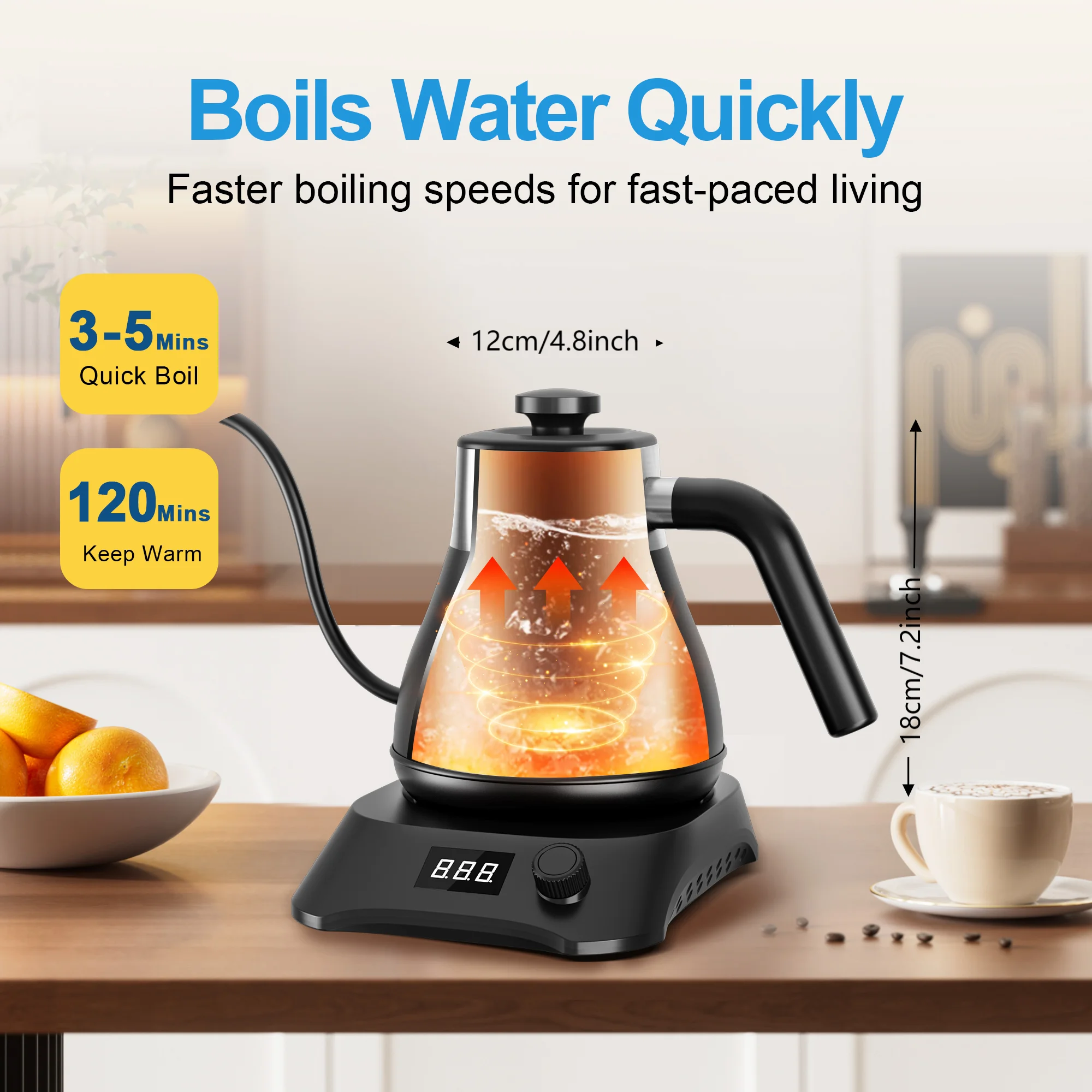 34oz/1L Gooseneck Electric Water Kettle, Digital Stainless Steel Interior 1000W Tea Kettle, Pour Over Coffee & Tea, Keep Warm 6